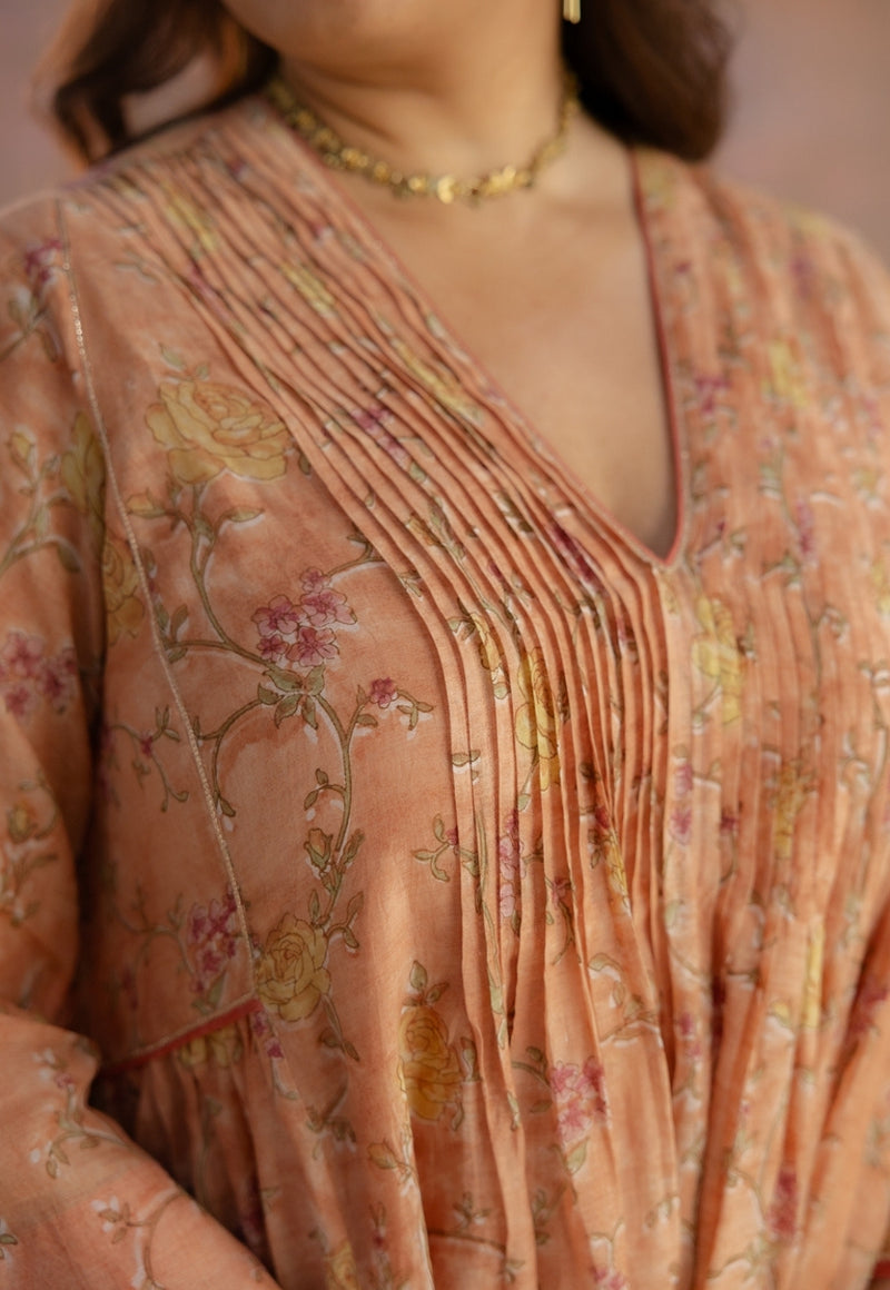 Rosa Orange Sanganeri Chanderi Silk A Line Kurta