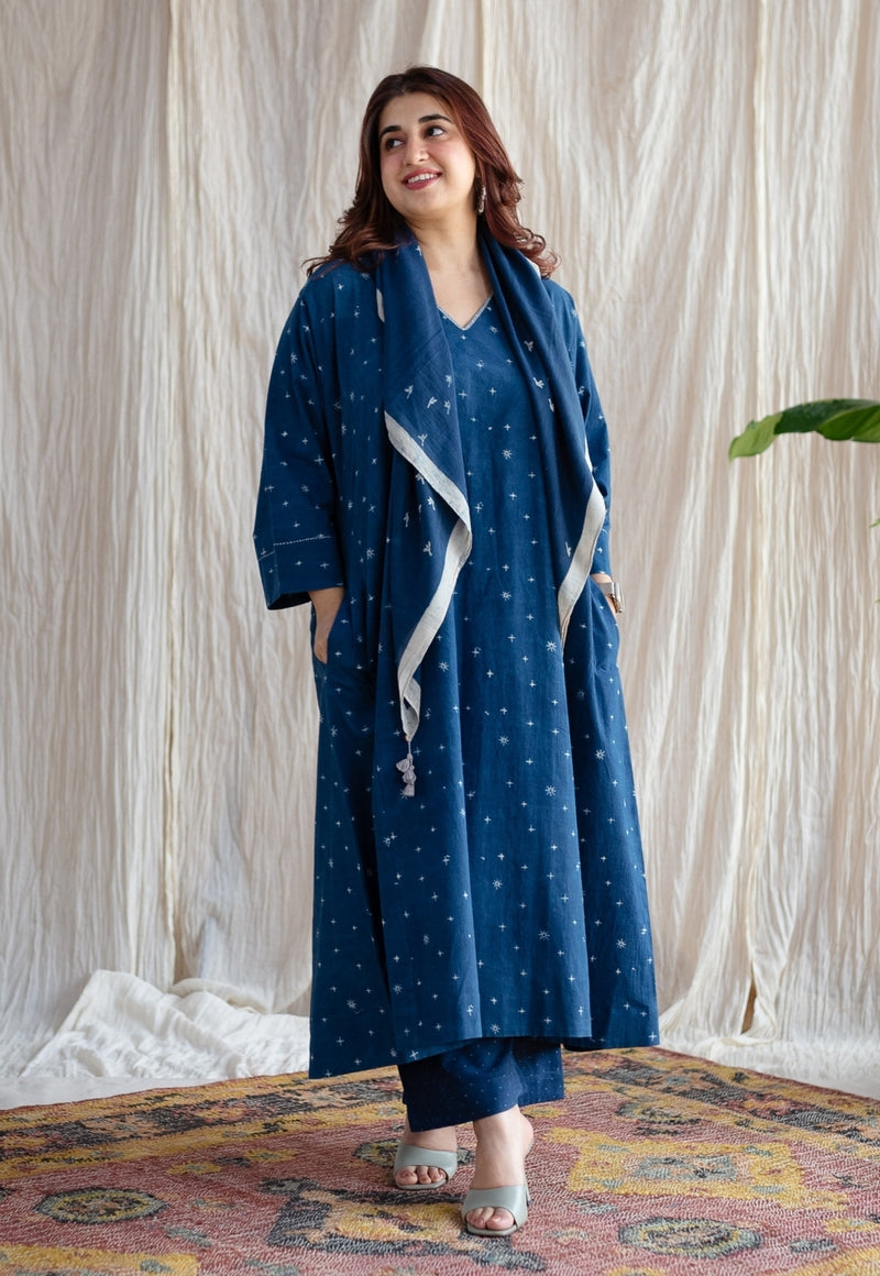 Eshika Indigo Ajrakh Cotton Jhabba Kali Kurta with Hand Embroidery