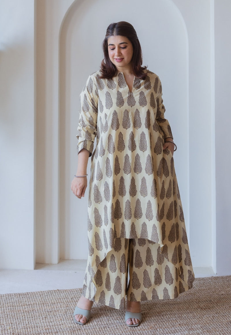 Priya Beige Ajrakh Cotton Asymmetrical Kurta