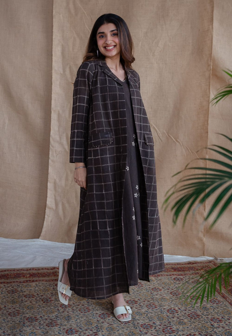 Rasia Charcoal Dabu Slub Cotton A Line Jacket with Embroidery