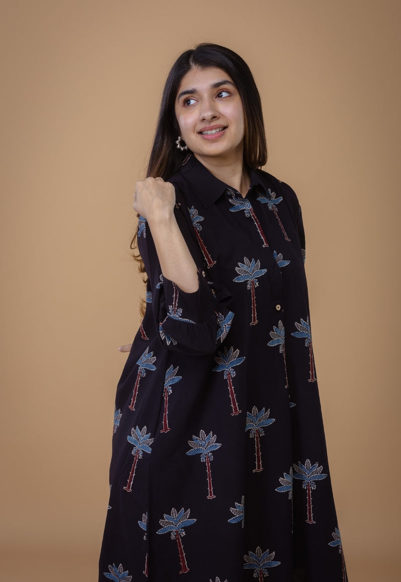 Ridah Black Ajrakh Cotton A Line Dress