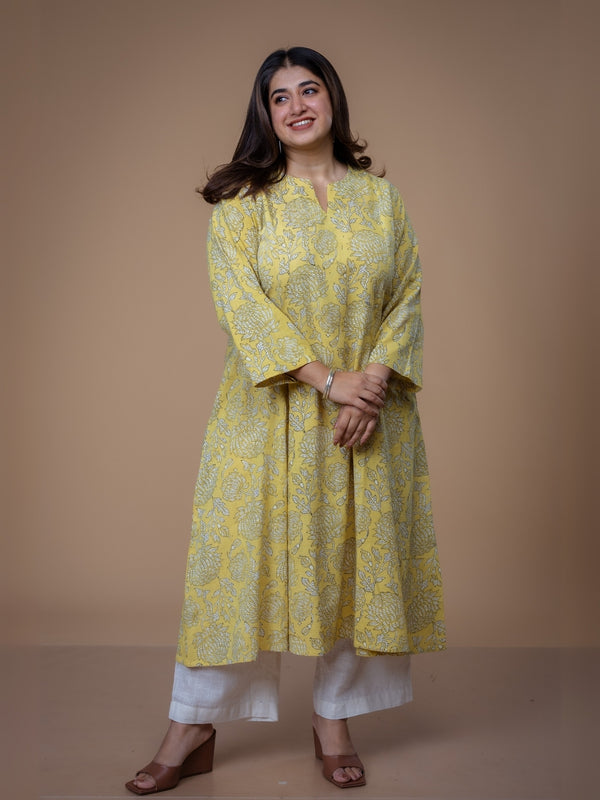 Malika Yellow Dabu Slub Cotton Kali Kurta