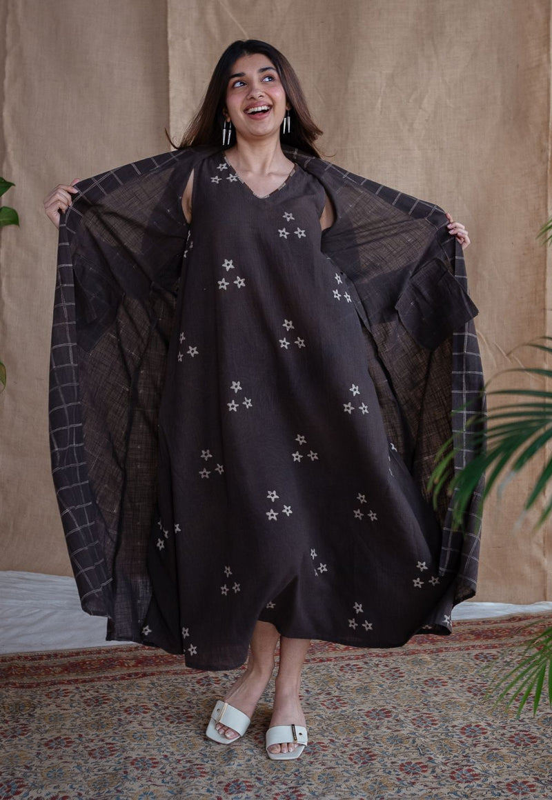 Rasia Charcoal Dabu Slub Cotton A Line Jacket with Embroidery