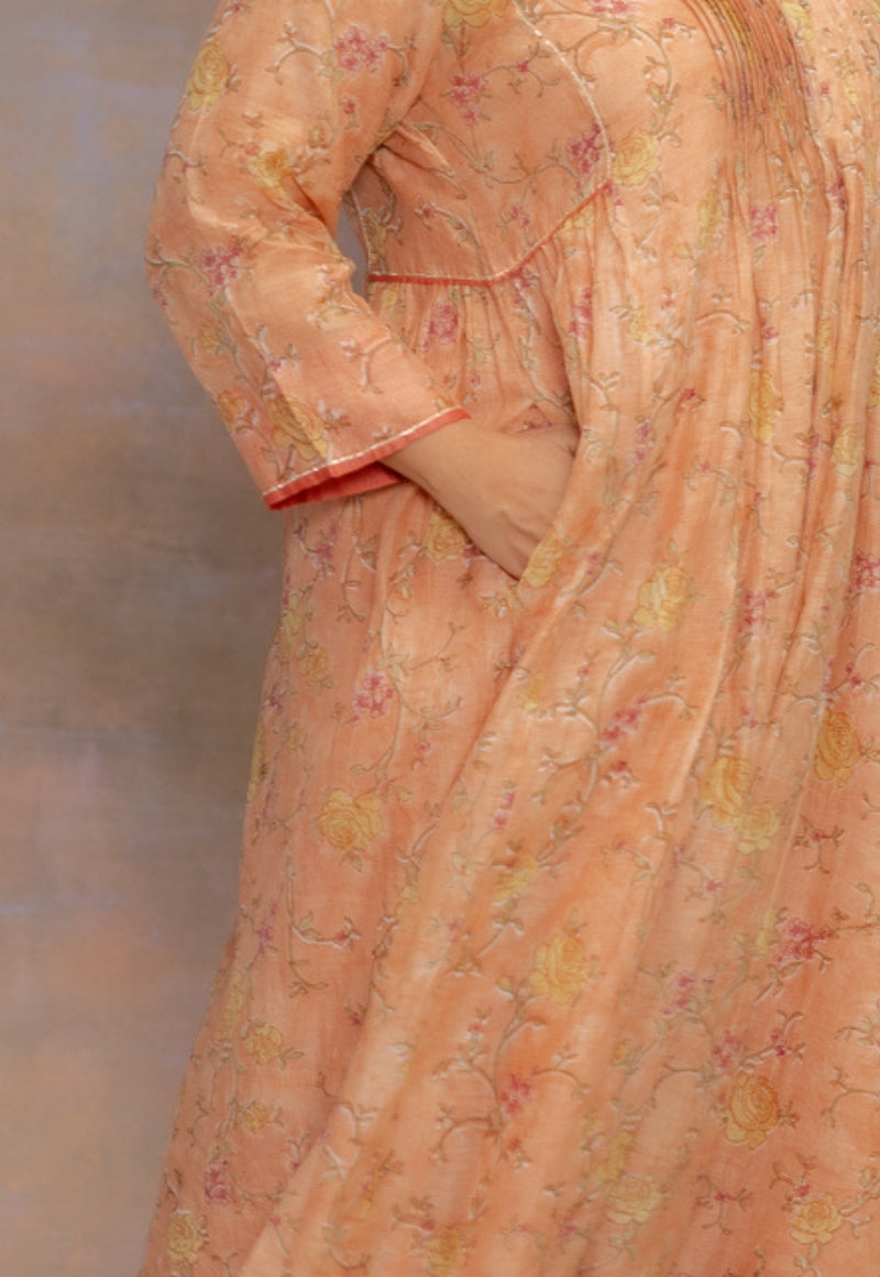 Rosa Orange Sanganeri Chanderi Silk A Line Kurta
