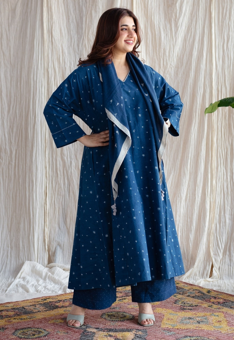 Eshika Indigo Ajrakh Cotton Jhabba Kali Kurta with Hand Embroidery