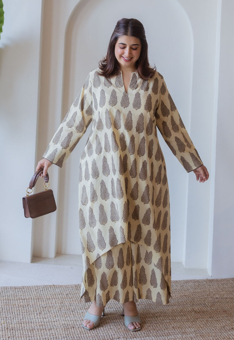 Priya Beige Ajrakh Cotton Asymmetrical Kurta