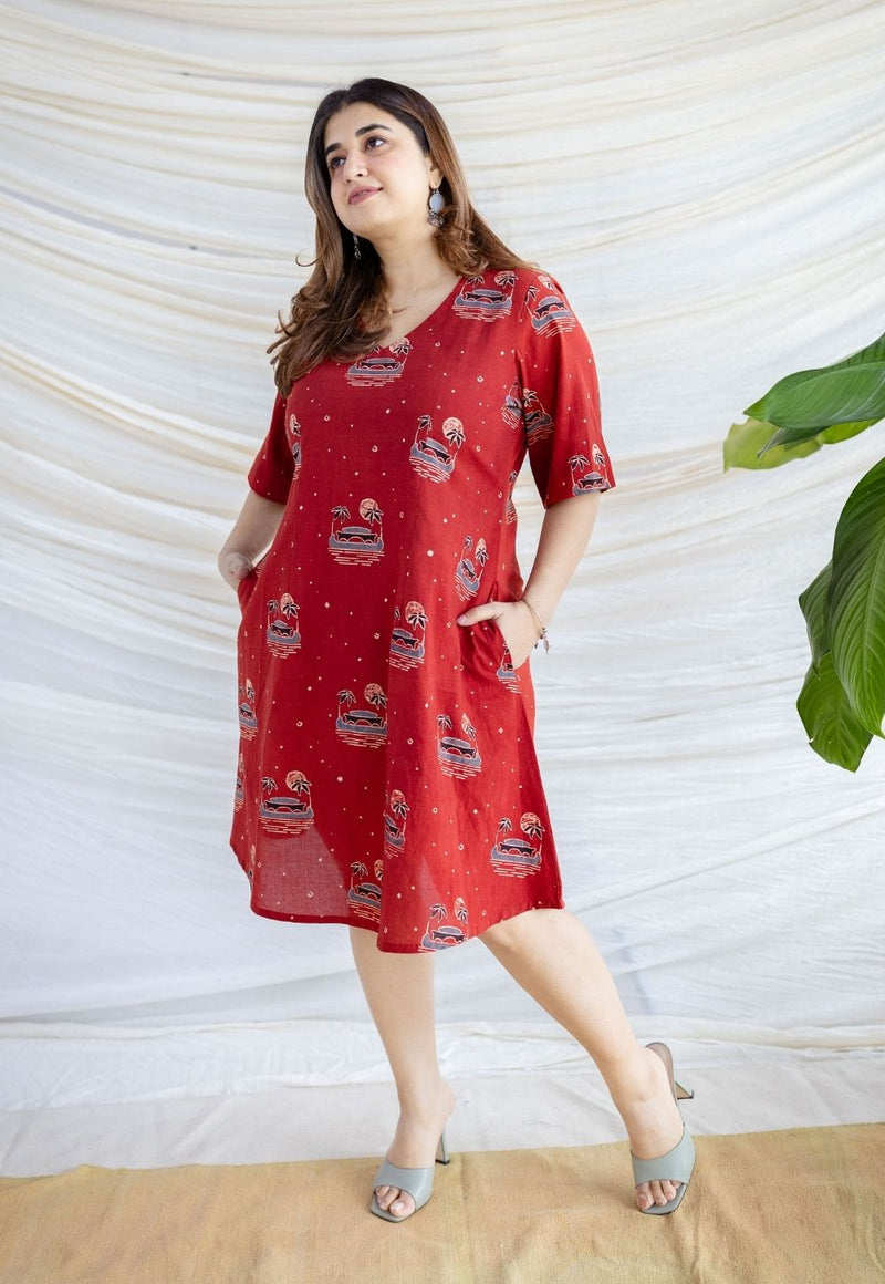 Kochi Madder Ajrakh Cotton A Line Dress