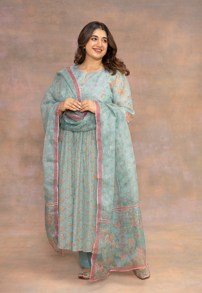 Rosalia Blue Sanganeri Chanderi Silk A Line Kurta with Hand Embroidery