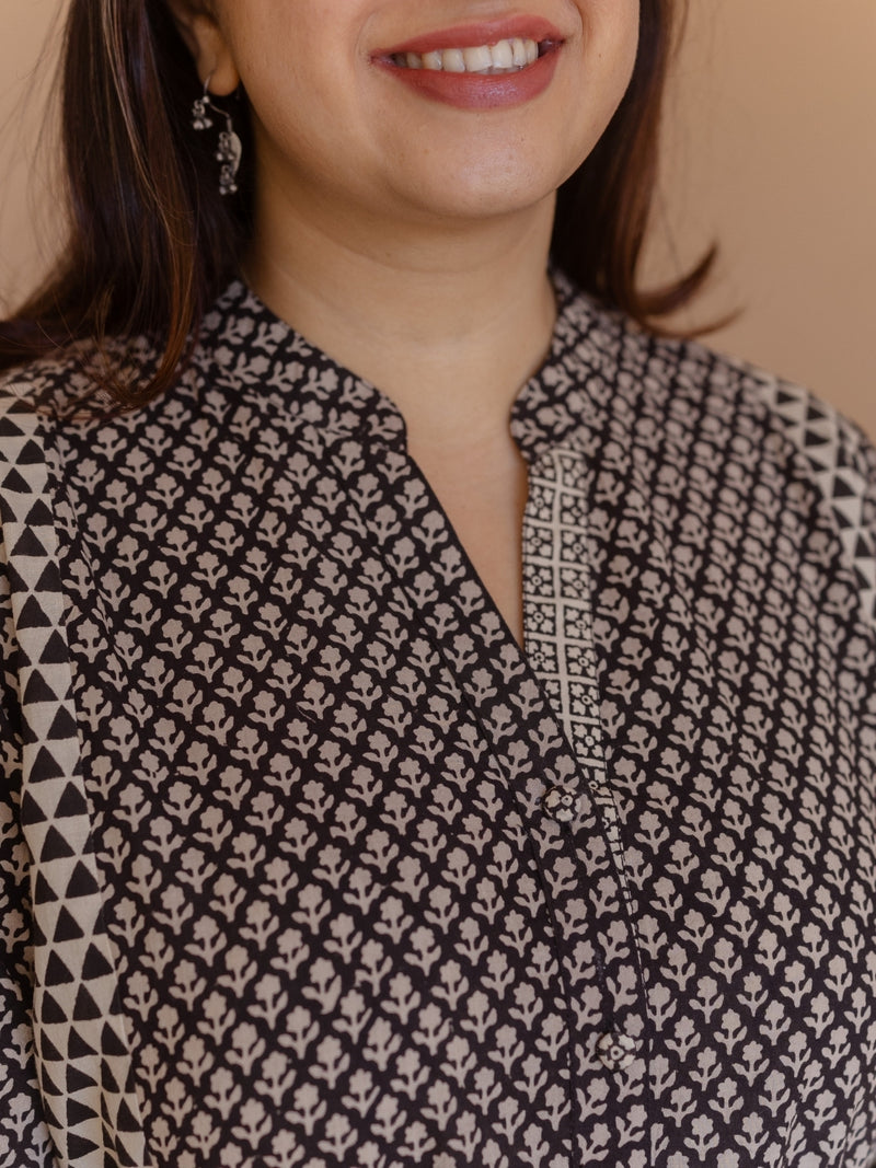 Rohini Black Bagru Cotton Straight Kurta