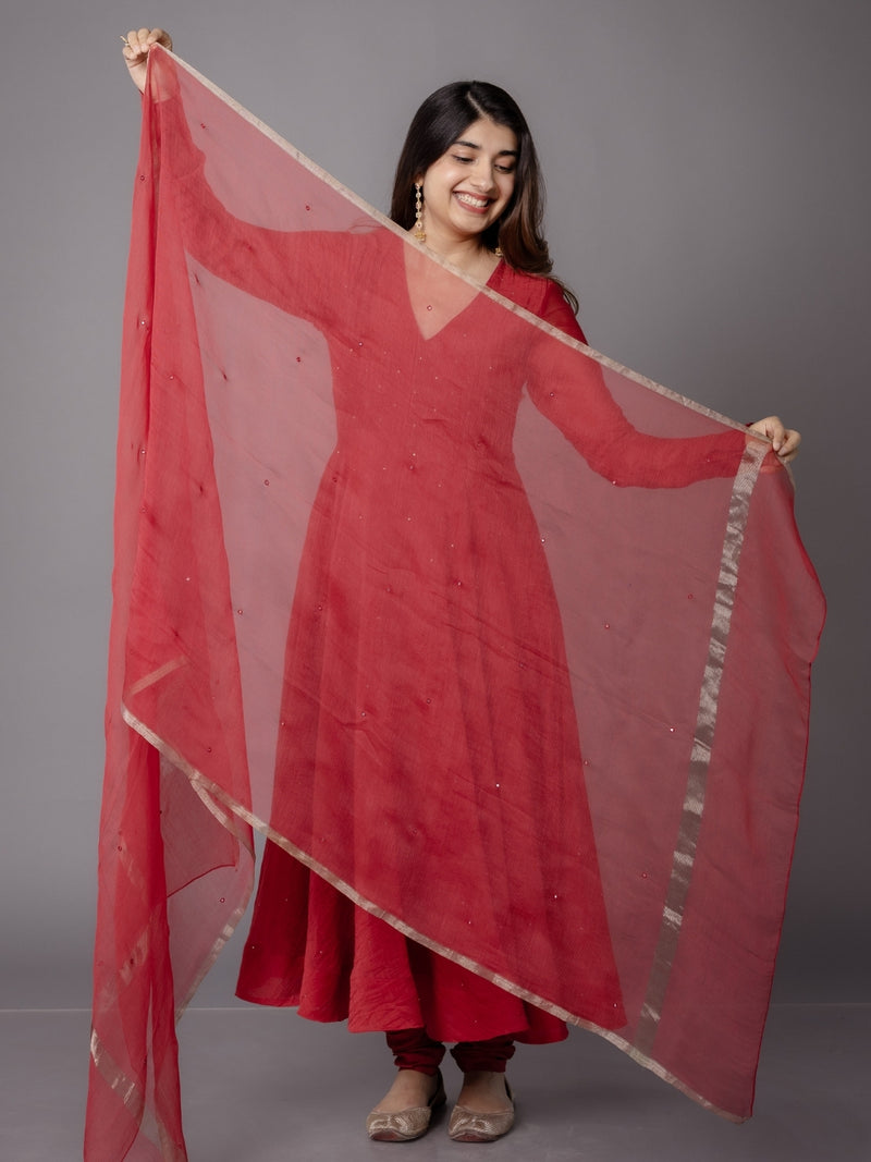 Scarlet Red Solid Zari Silk Net Dupatta with Hand Embroidery