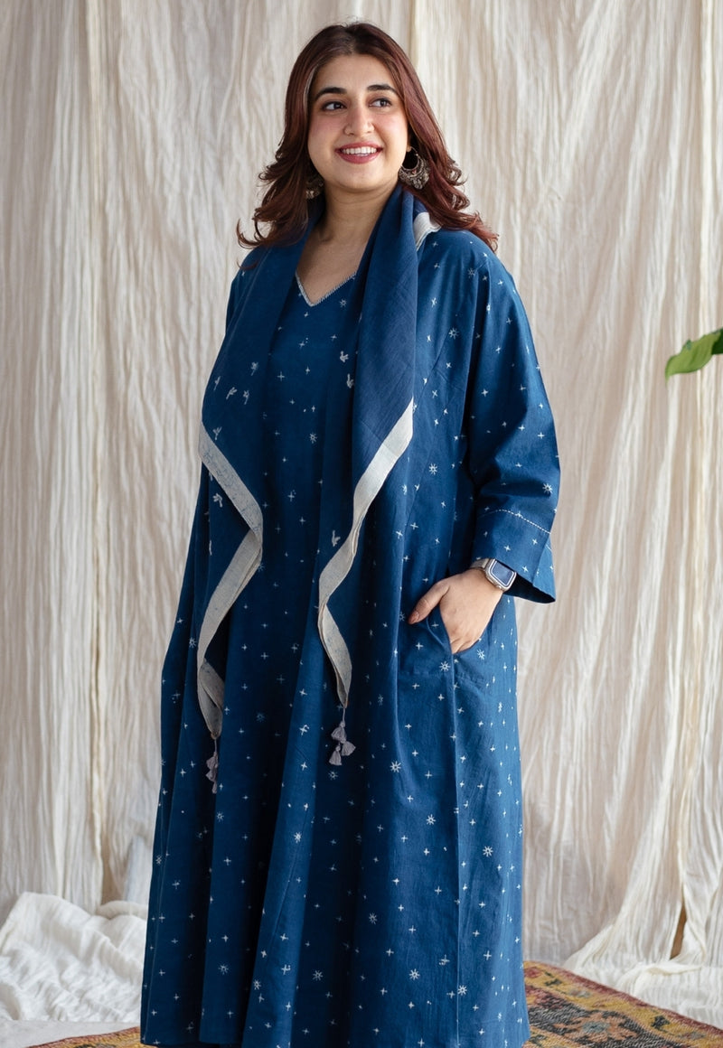 Eshika Indigo Ajrakh Cotton Jhabba Kali Kurta with Hand Embroidery