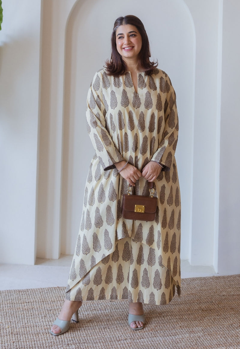 Priya Beige Ajrakh Cotton Asymmetrical Kurta
