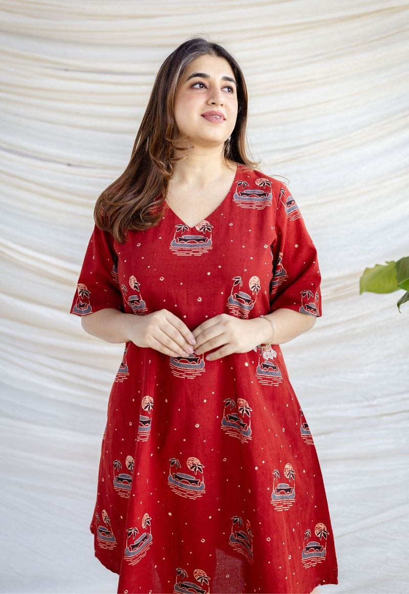 Kochi Madder Ajrakh Cotton A Line Dress