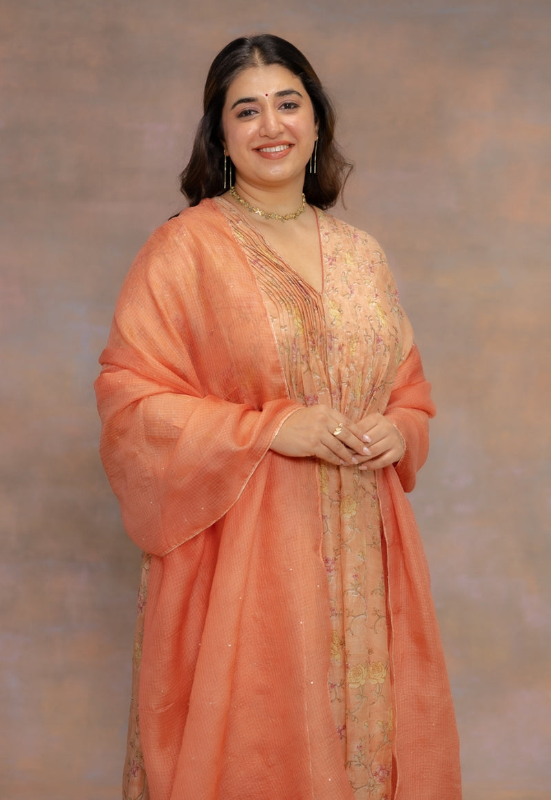 Rosa Orange Sanganeri Chanderi Silk A Line Kurta