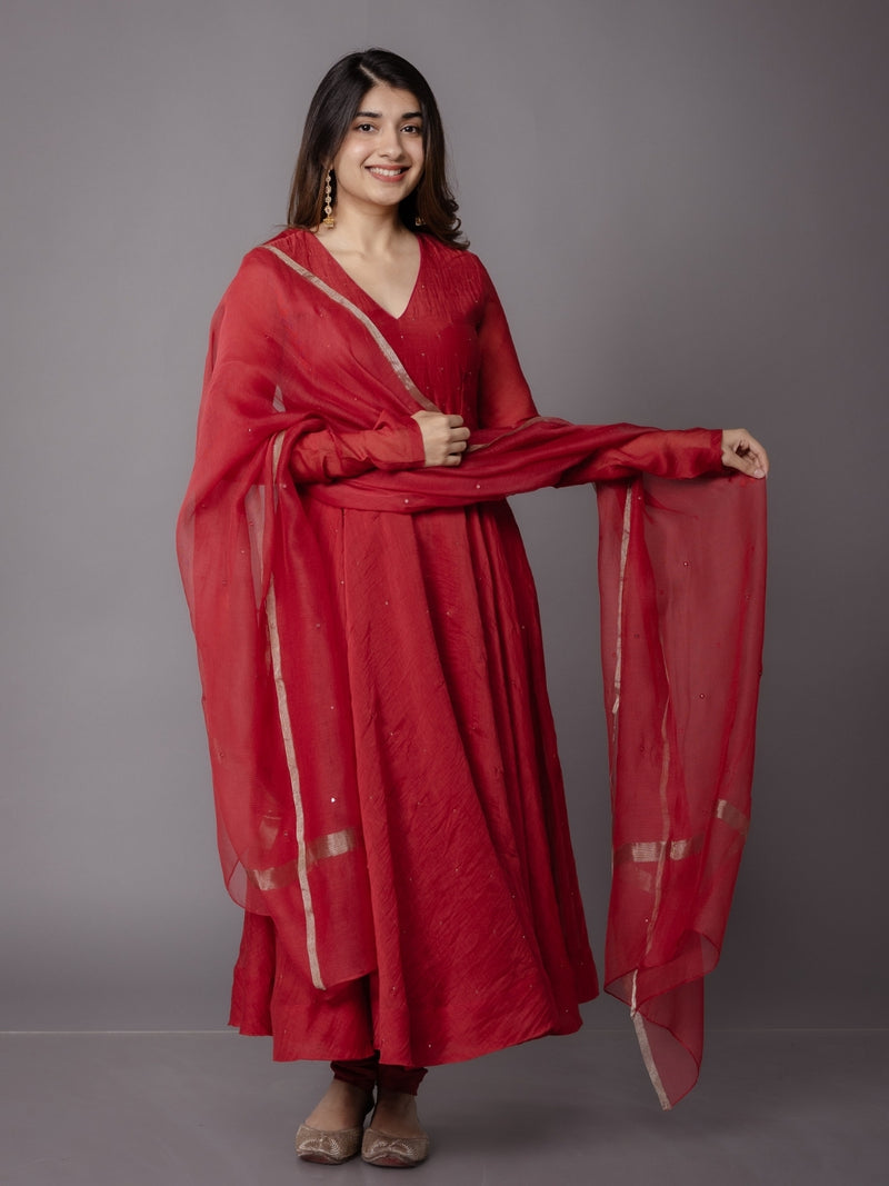 Scarlet Red Solid Zari Silk Net Dupatta with Hand Embroidery