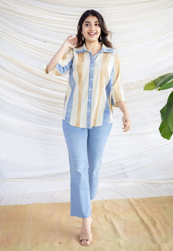 Zaina Off White Bagru Cotton Straight Shirt