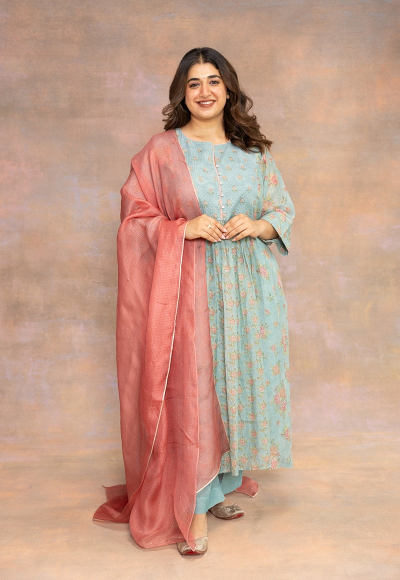 Rosalia Blue Sanganeri Chanderi Silk A Line Kurta with Hand Embroidery