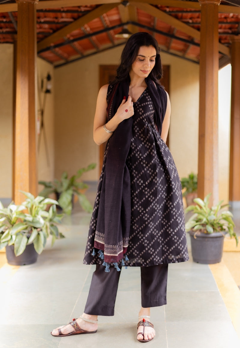 Ayla Black Ajrakh Chanderi Silk A Line Kurta with Hand Embroidery