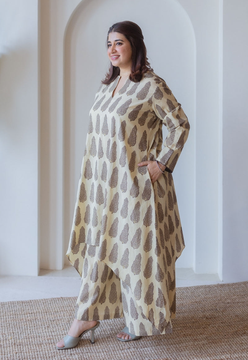 Priya Beige Ajrakh Cotton Asymmetrical Kurta