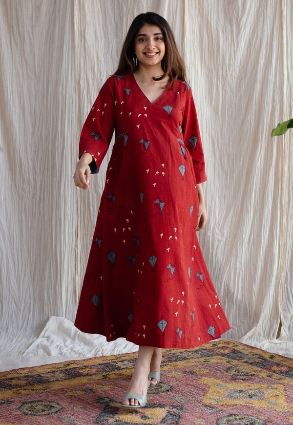 Amdavad Patang Ajrakh Red Cotton Hand Embroidered Dress