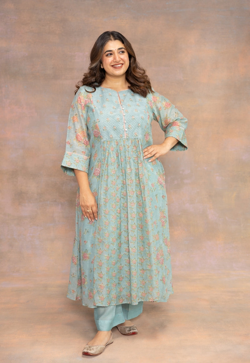 Rosalia Blue Sanganeri Chanderi Silk A Line Kurta with Hand Embroidery