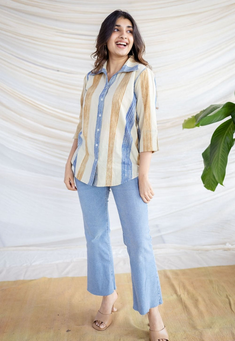 Zaina Off White Bagru Cotton Straight Shirt