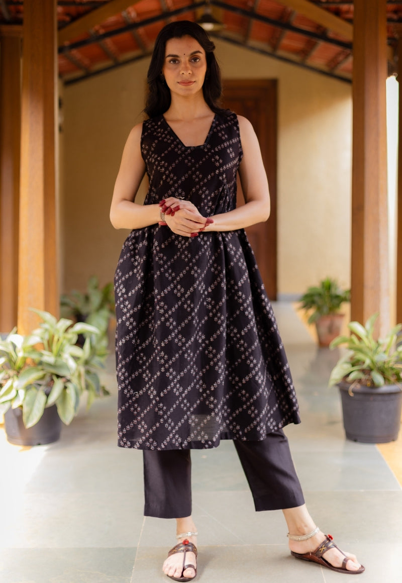 Ayla Black Ajrakh Chanderi Silk A Line Kurta with Hand Embroidery