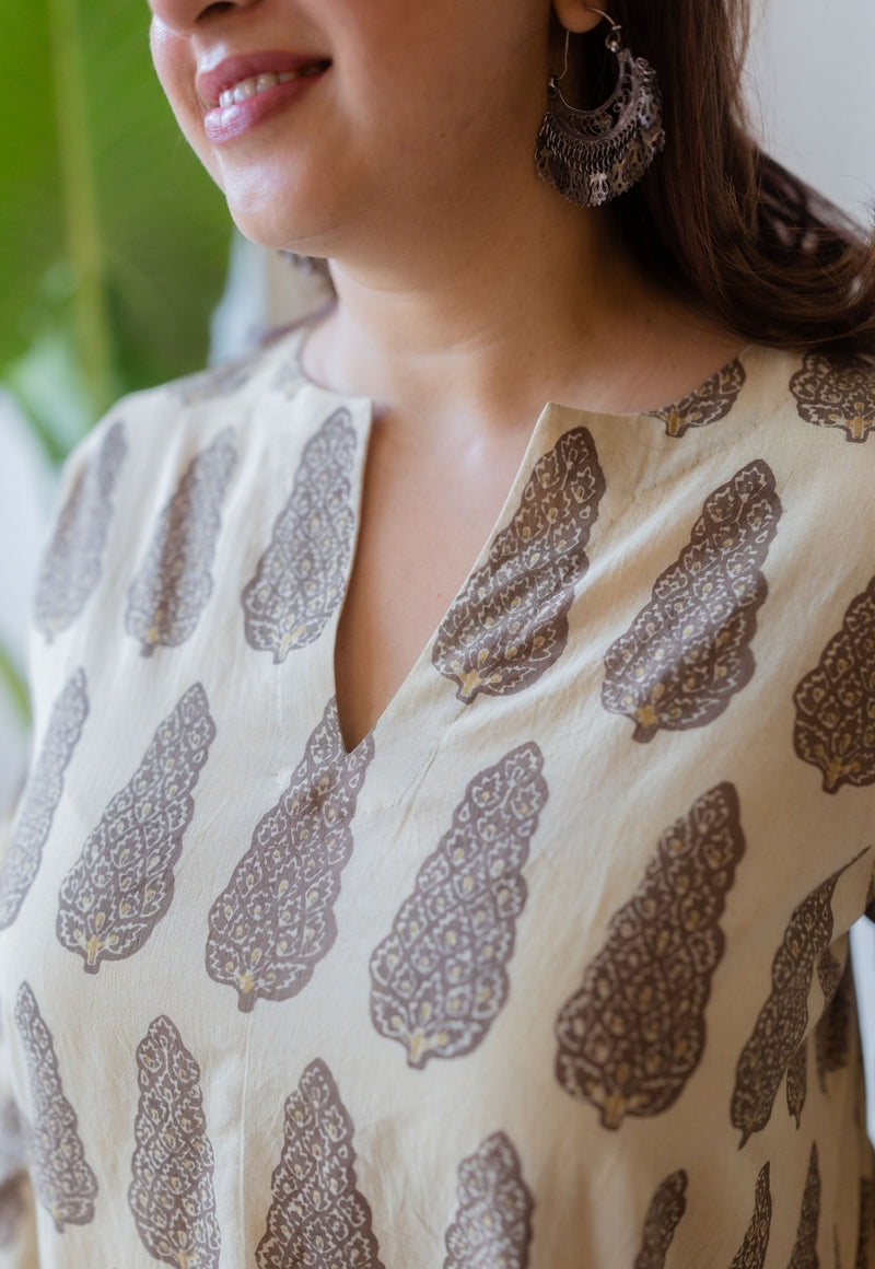 Priya Beige Ajrakh Cotton Asymmetrical Kurta