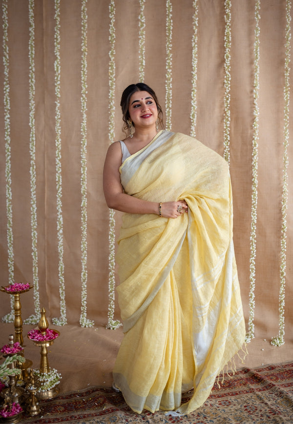 Yellow Linen Silver Zari Border Saree with Mukaish Detailing