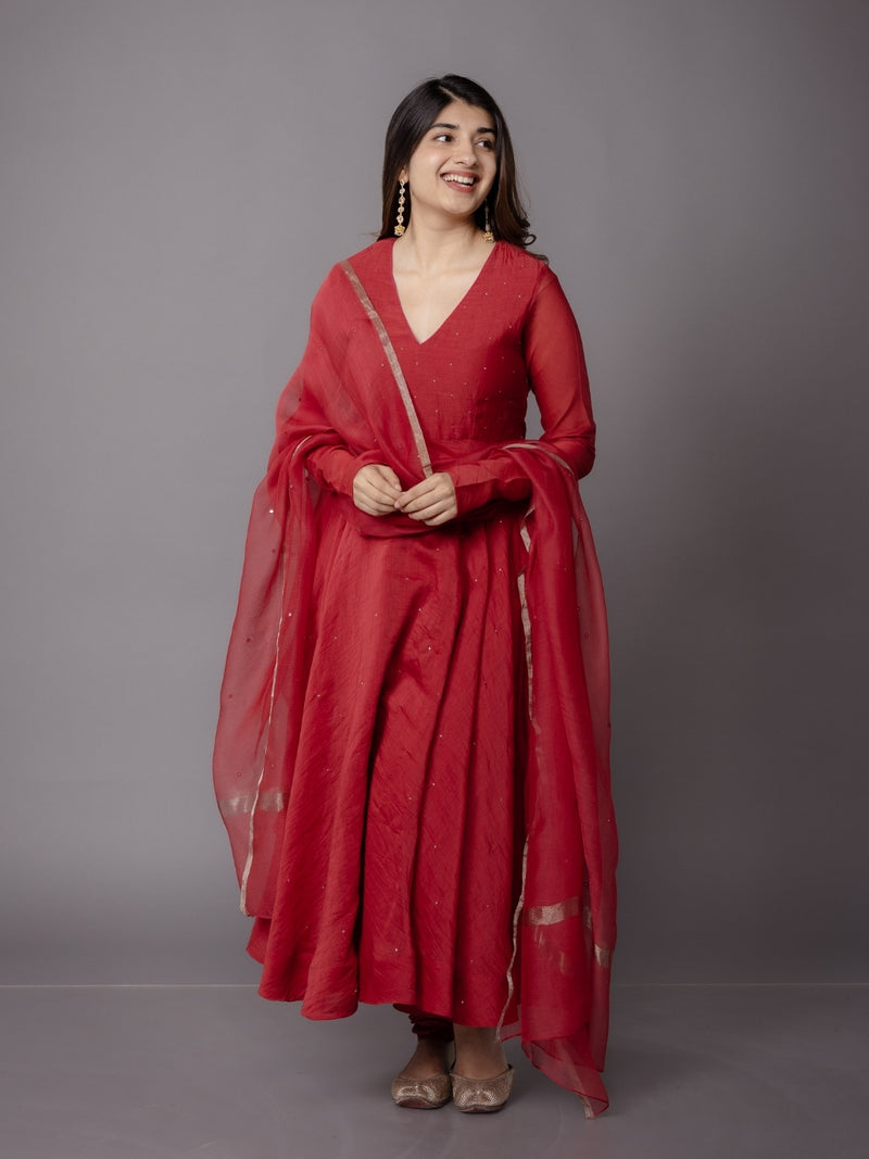 Scarlet Red Solid Zari Silk Net Dupatta with Hand Embroidery