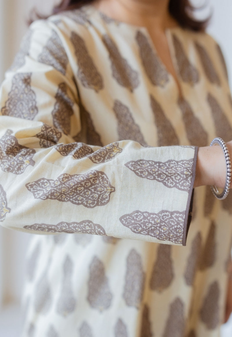 Priya Beige Ajrakh Cotton Asymmetrical Kurta
