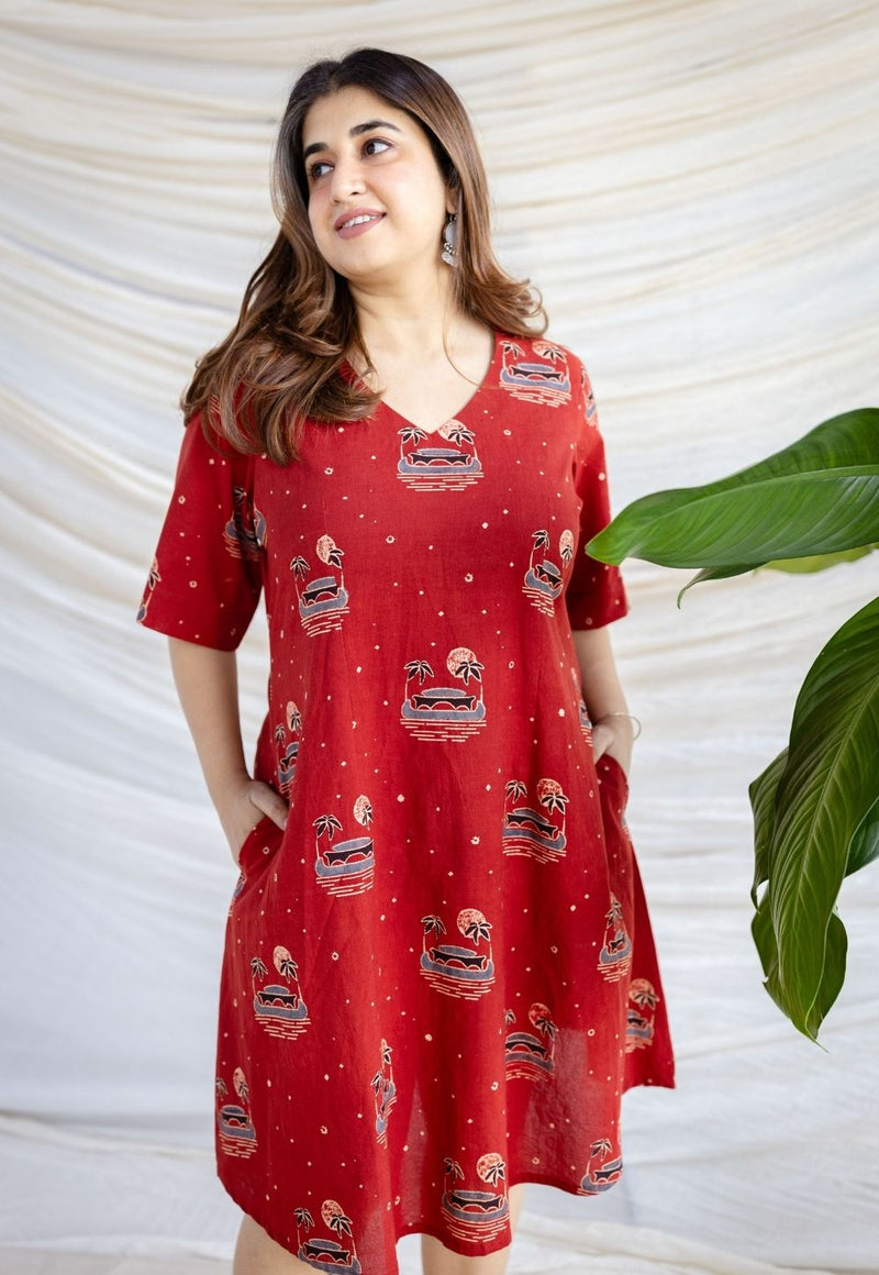 Kochi Madder Ajrakh Cotton A Line Dress