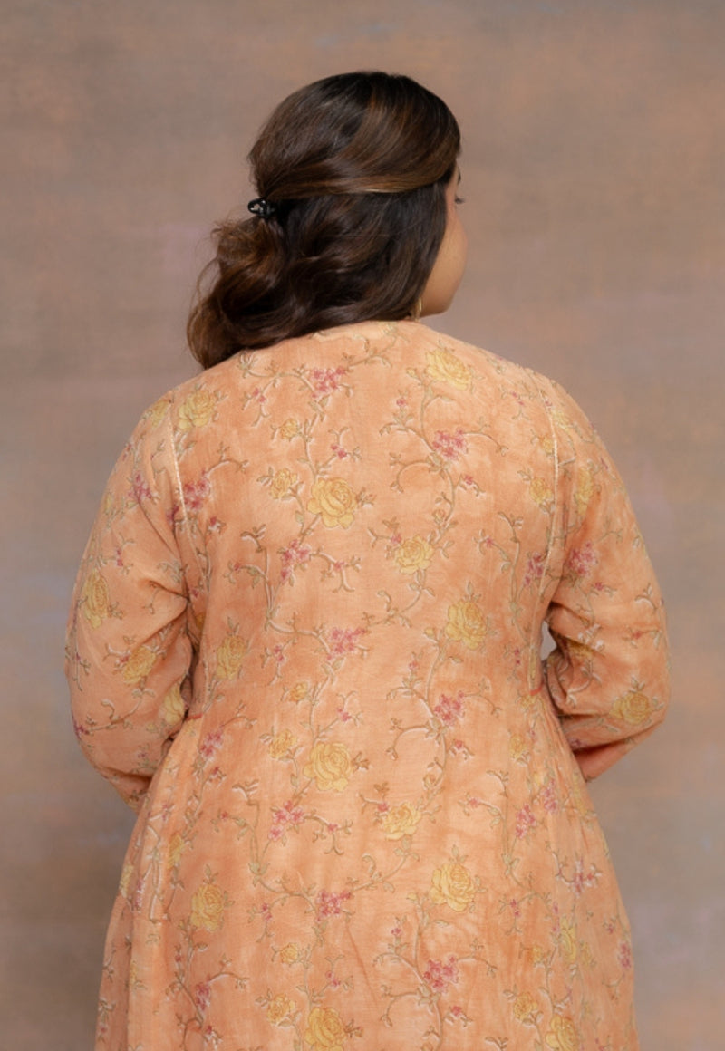 Rosa Orange Sanganeri Chanderi Silk A Line Kurta