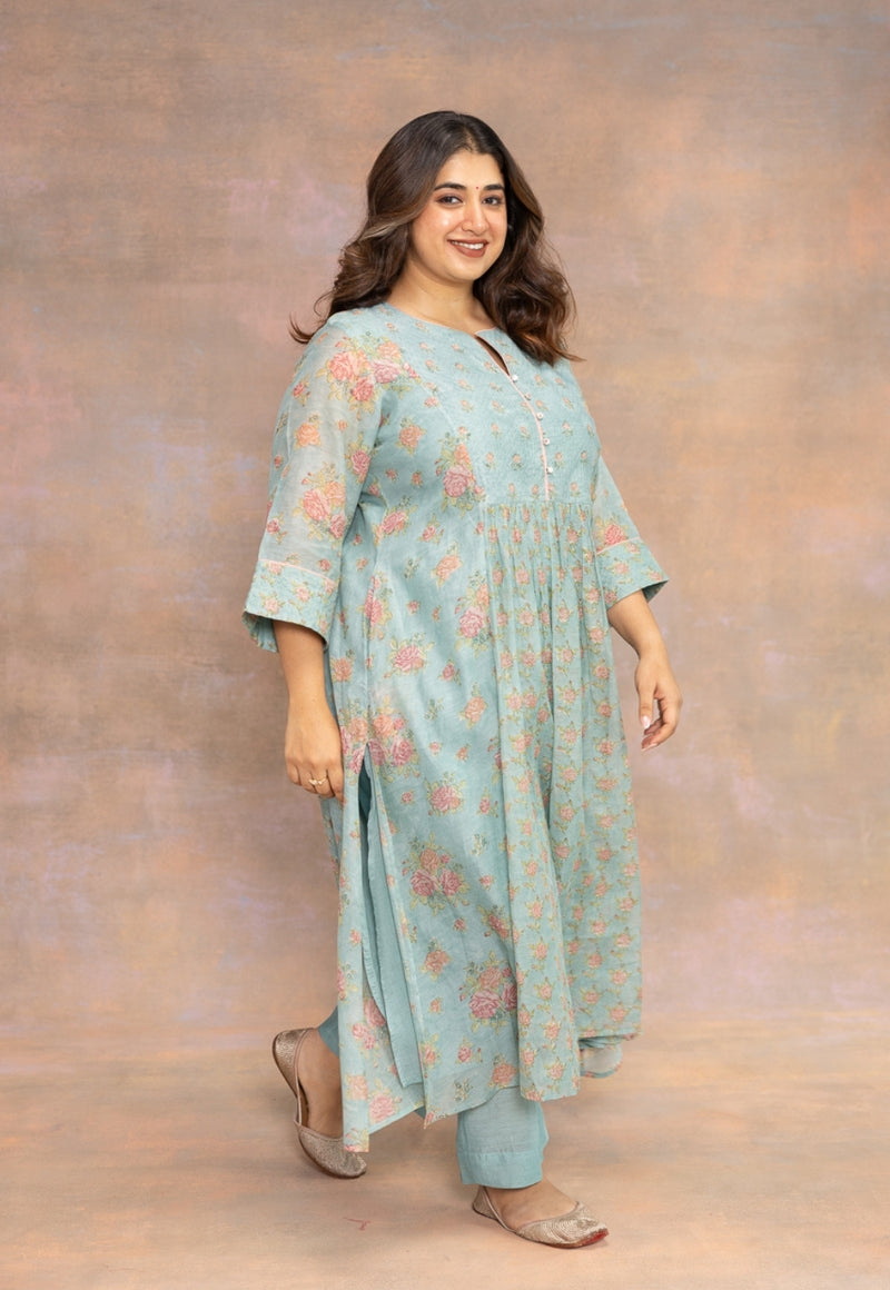 Rosalia Blue Sanganeri Chanderi Silk A Line Kurta with Hand Embroidery