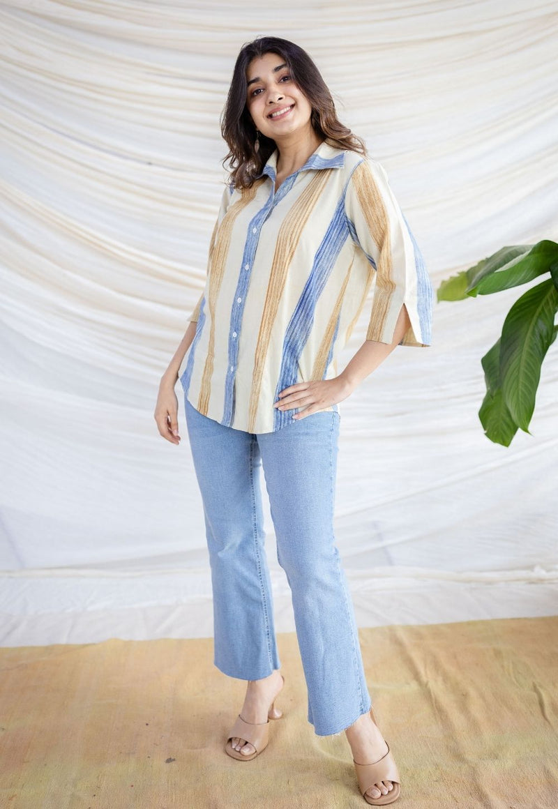 Zaina Off White Bagru Cotton Straight Shirt