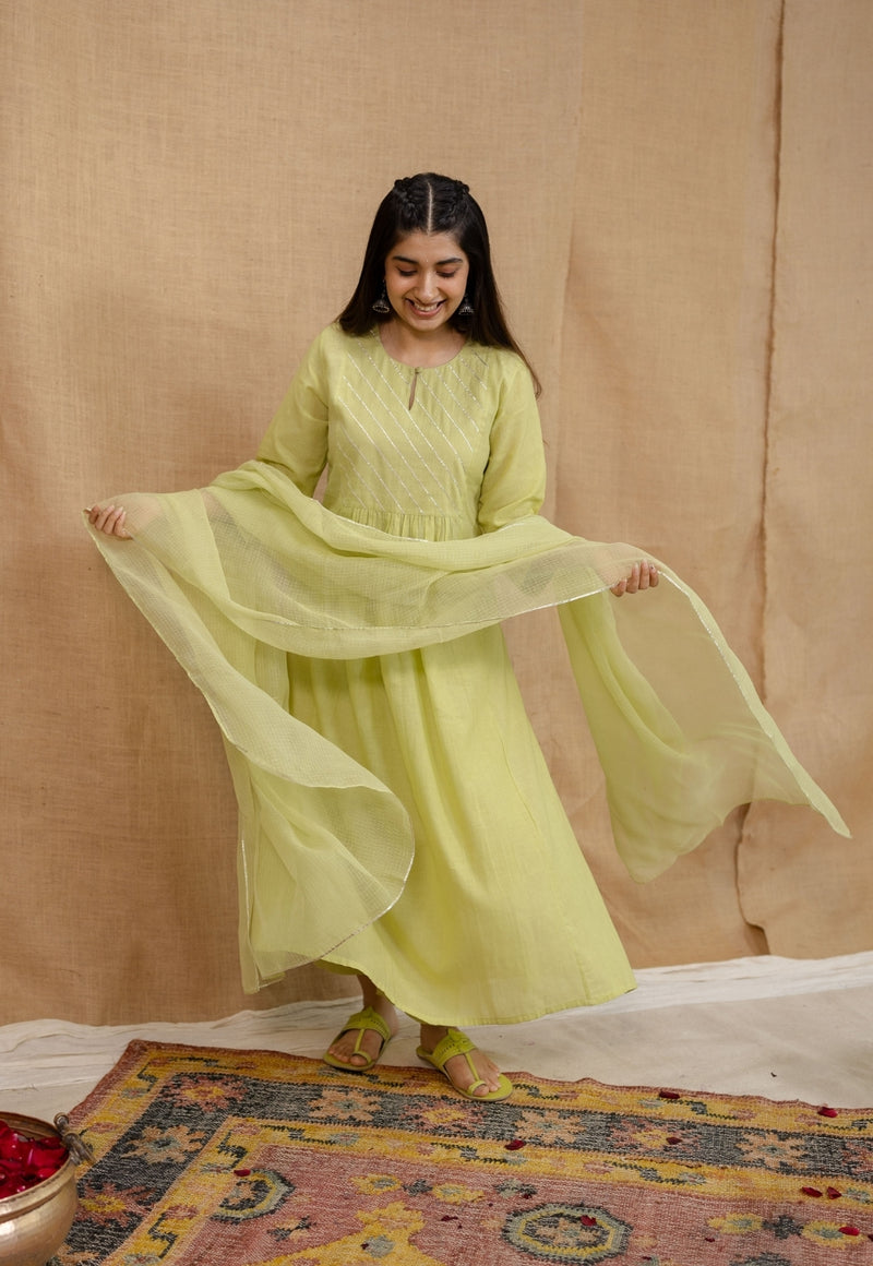 Akshara Mulmul Cotton Lime Kurta Set (Set of 3)