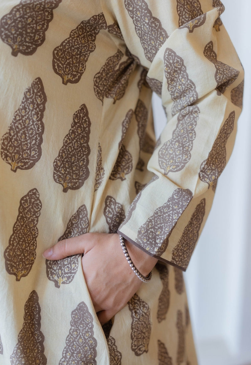 Priya Beige Ajrakh Cotton Asymmetrical Kurta