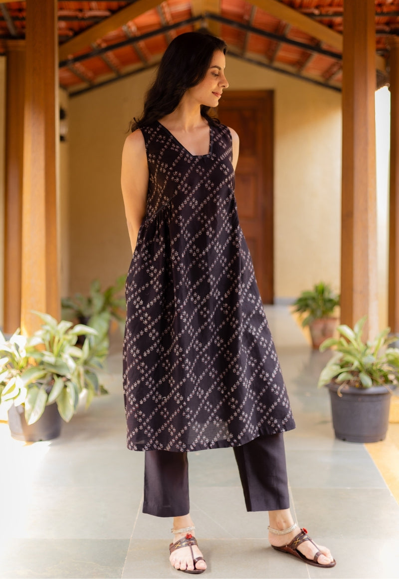 Ayla Black Ajrakh Chanderi Silk A Line Kurta with Hand Embroidery