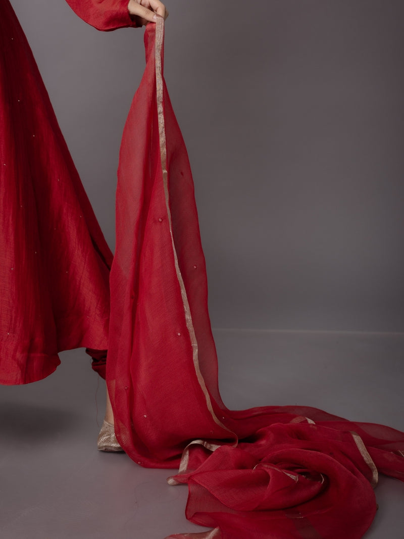 Scarlet Red Solid Zari Silk Net Dupatta with Hand Embroidery