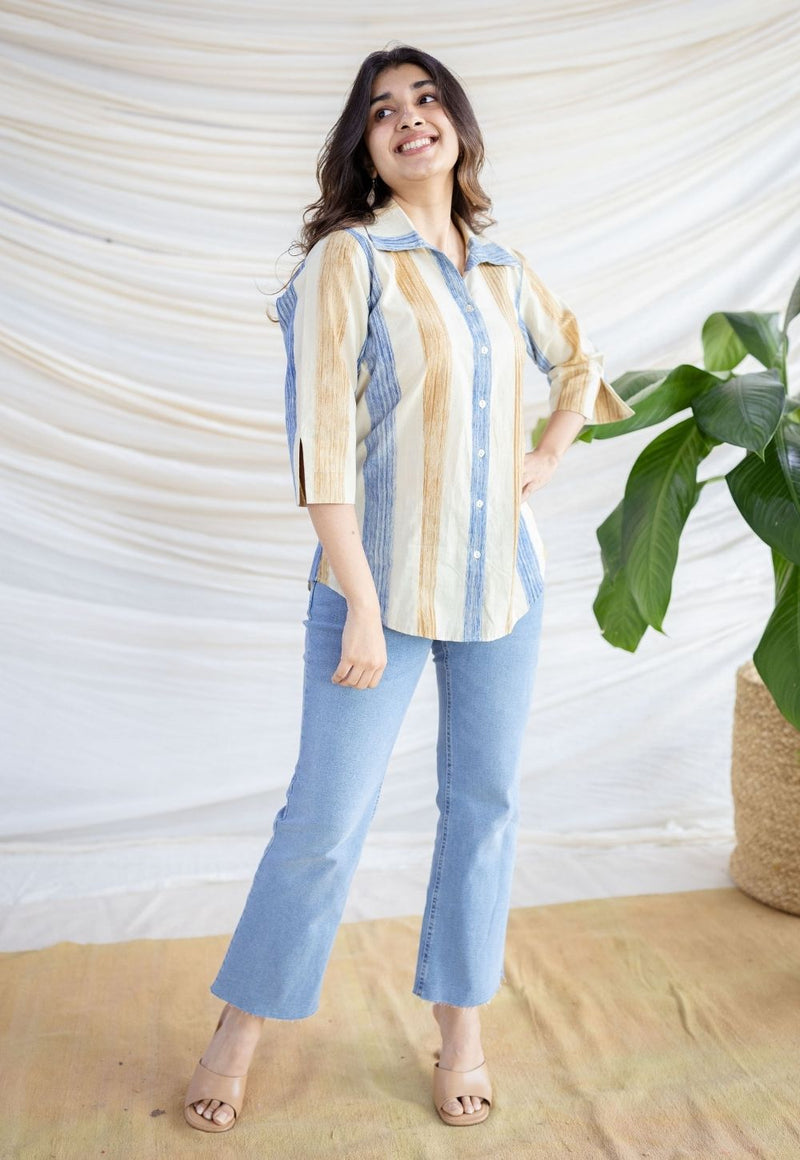 Zaina Off White Bagru Cotton Straight Shirt