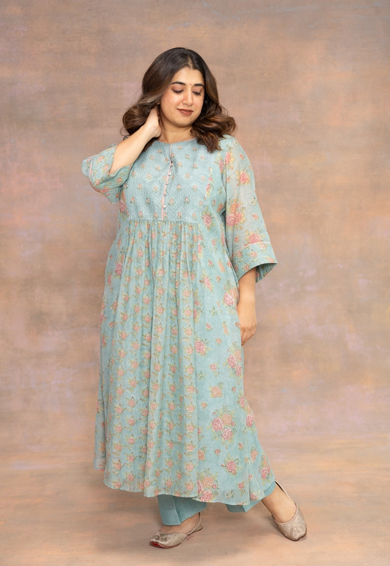 Rosalia Blue Sanganeri Chanderi Silk A Line Kurta with Hand Embroidery
