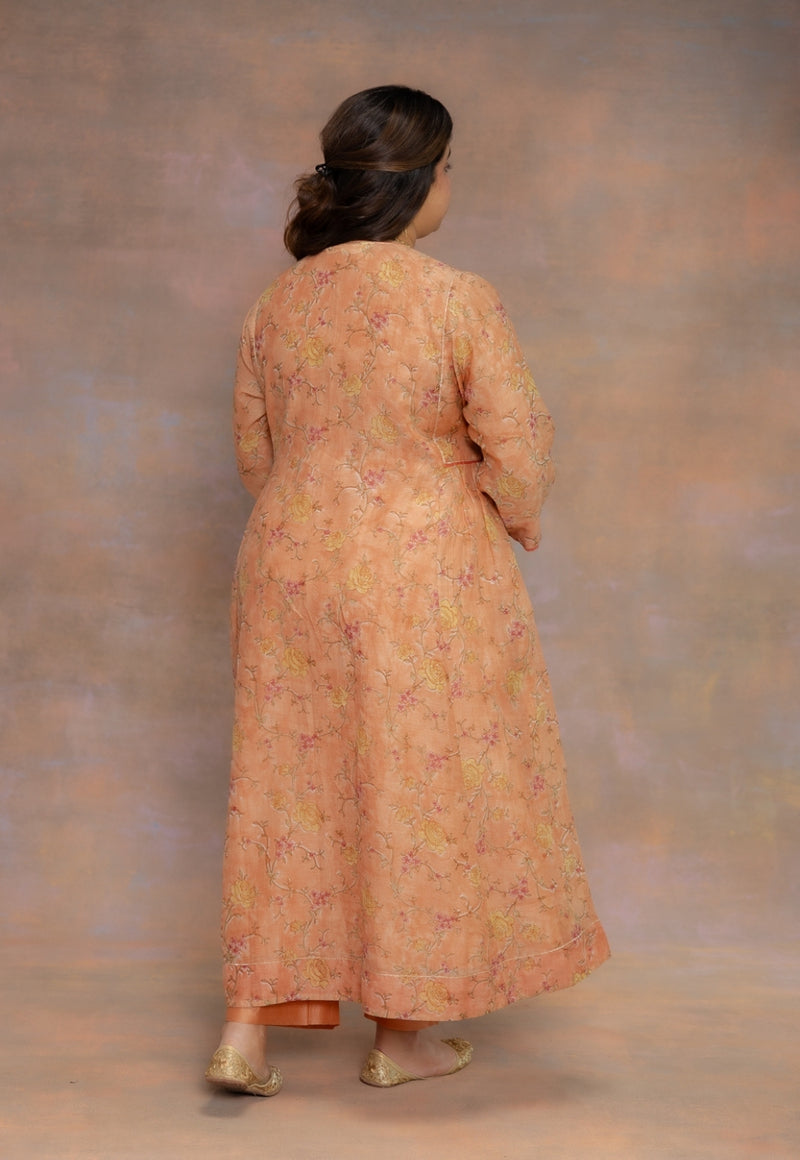 Rosa Orange Sanganeri Chanderi Silk A Line Kurta