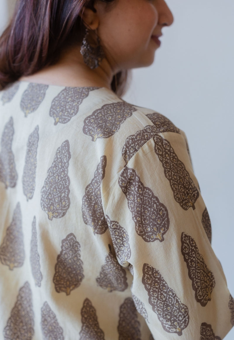 Priya Beige Ajrakh Cotton Asymmetrical Kurta