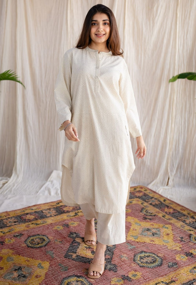 Bombay Off White Ajrakh Cotton Loose Kurta with Hand Embroidery