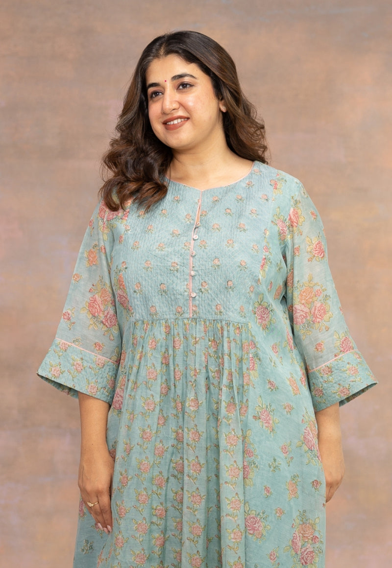 Rosalia Blue Sanganeri Chanderi Silk A Line Kurta with Hand Embroidery