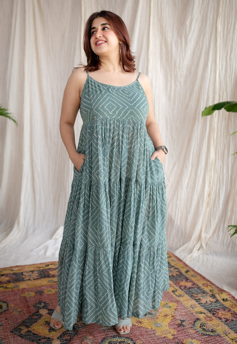 Amrin Green Batik MulMul Cotton A Line Dress