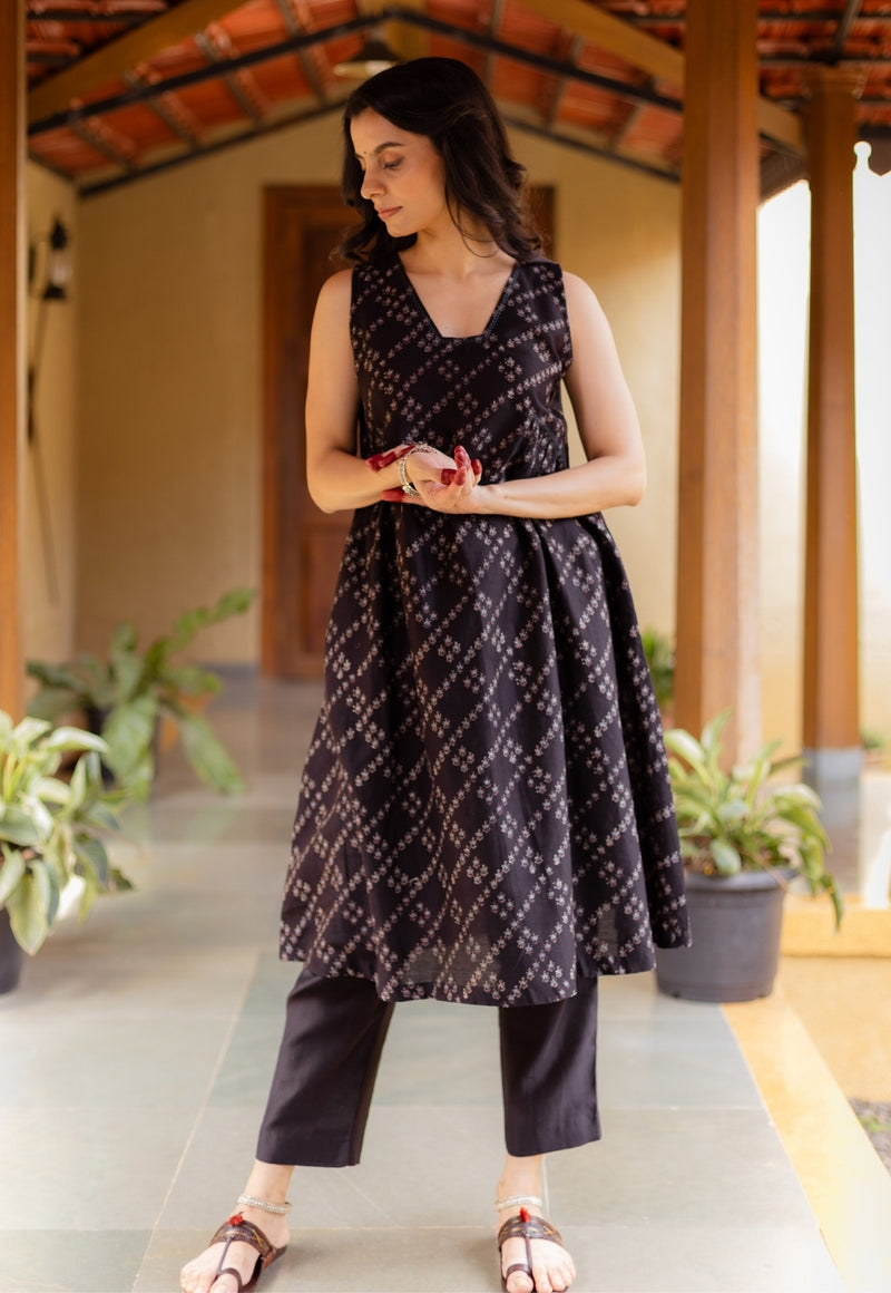 Ayla Black Ajrakh Chanderi Silk A Line Kurta with Hand Embroidery