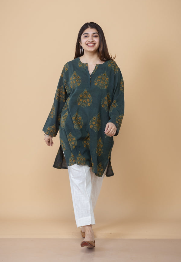 Veda Green Ajrakh Crush Cotton A Line Kurta