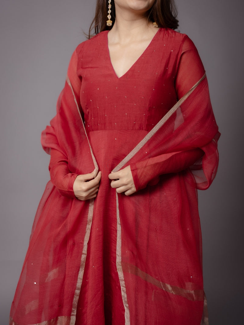 Scarlet Red Solid Zari Silk Net Dupatta with Hand Embroidery