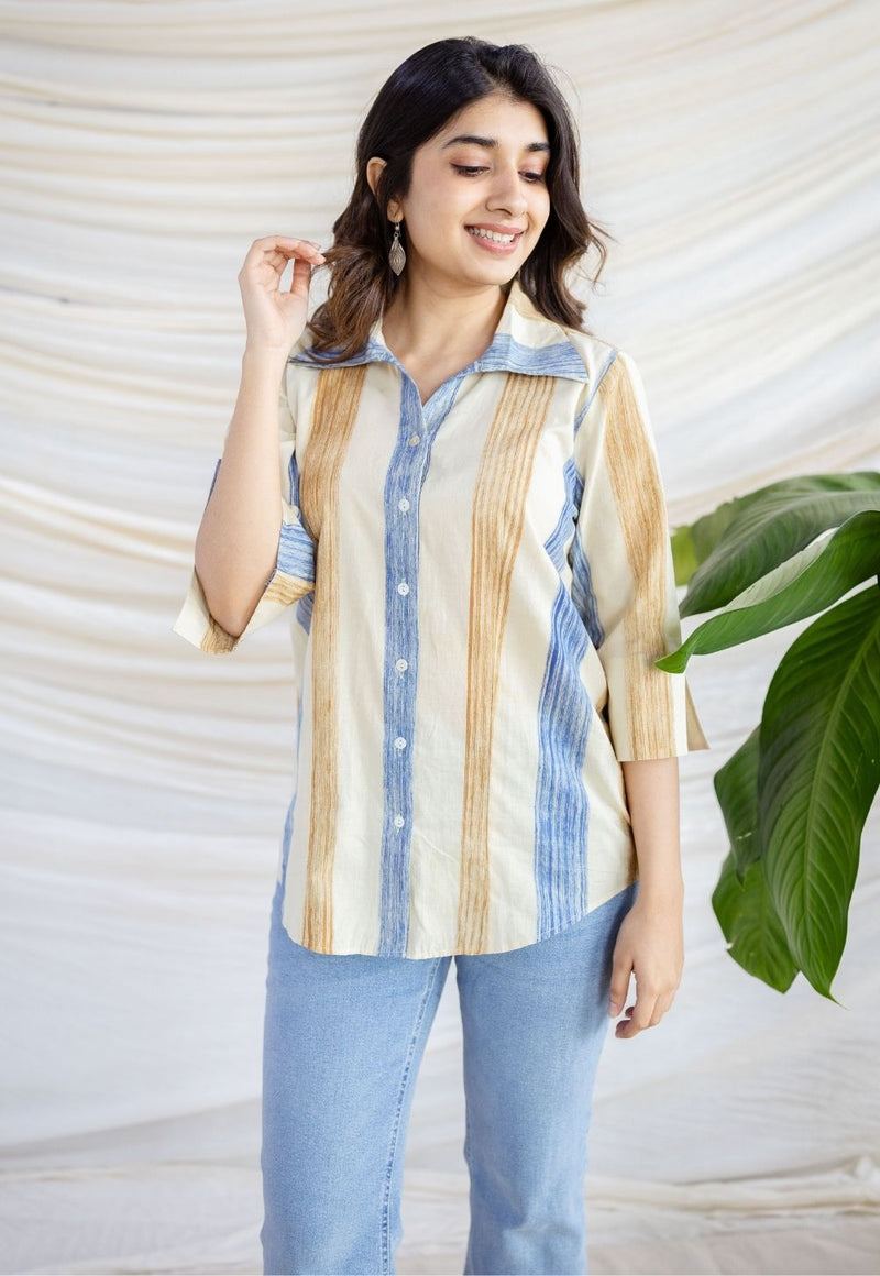 Zaina Off White Bagru Cotton Straight Shirt